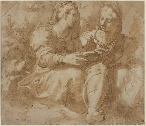 Two Seated Women by Pellegrino Tibaldi, drawing, 1527-1596