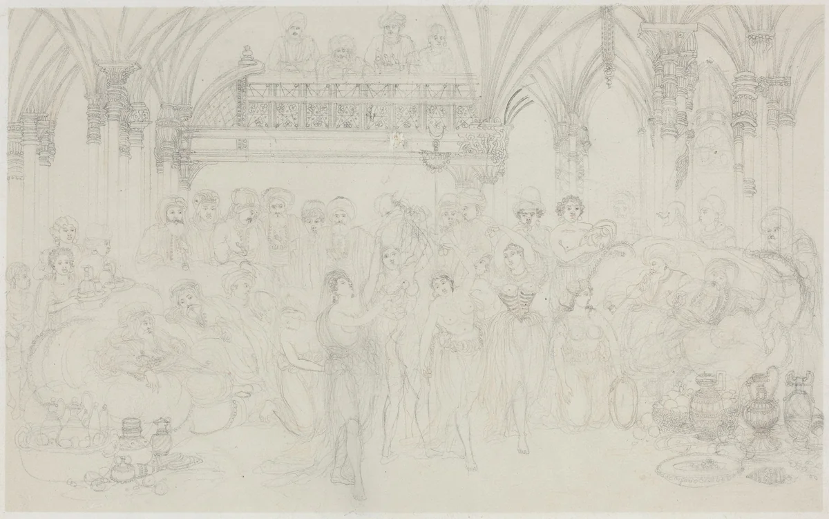 Interior: Dancing Girls Entertaining Chieftains by Rodolphe Bresdin, drawing, 1870