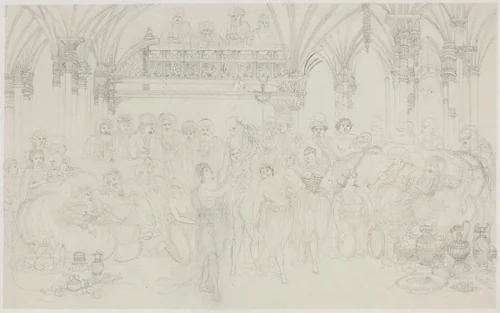 Interior: Dancing Girls Entertaining Chieftains by Rodolphe Bresdin, drawing, 1870