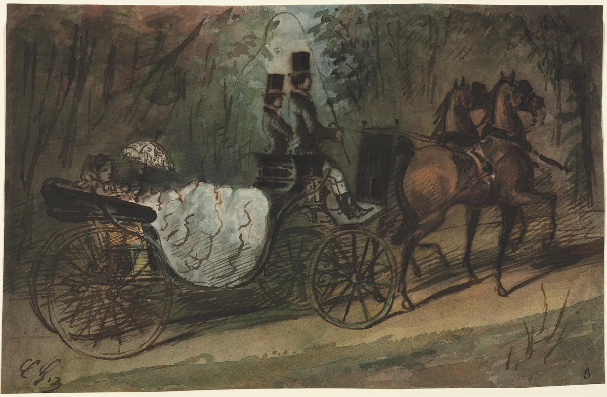 Carriage in the Bois de Boulogne by Constantin Guys, drawing, 1802-1892