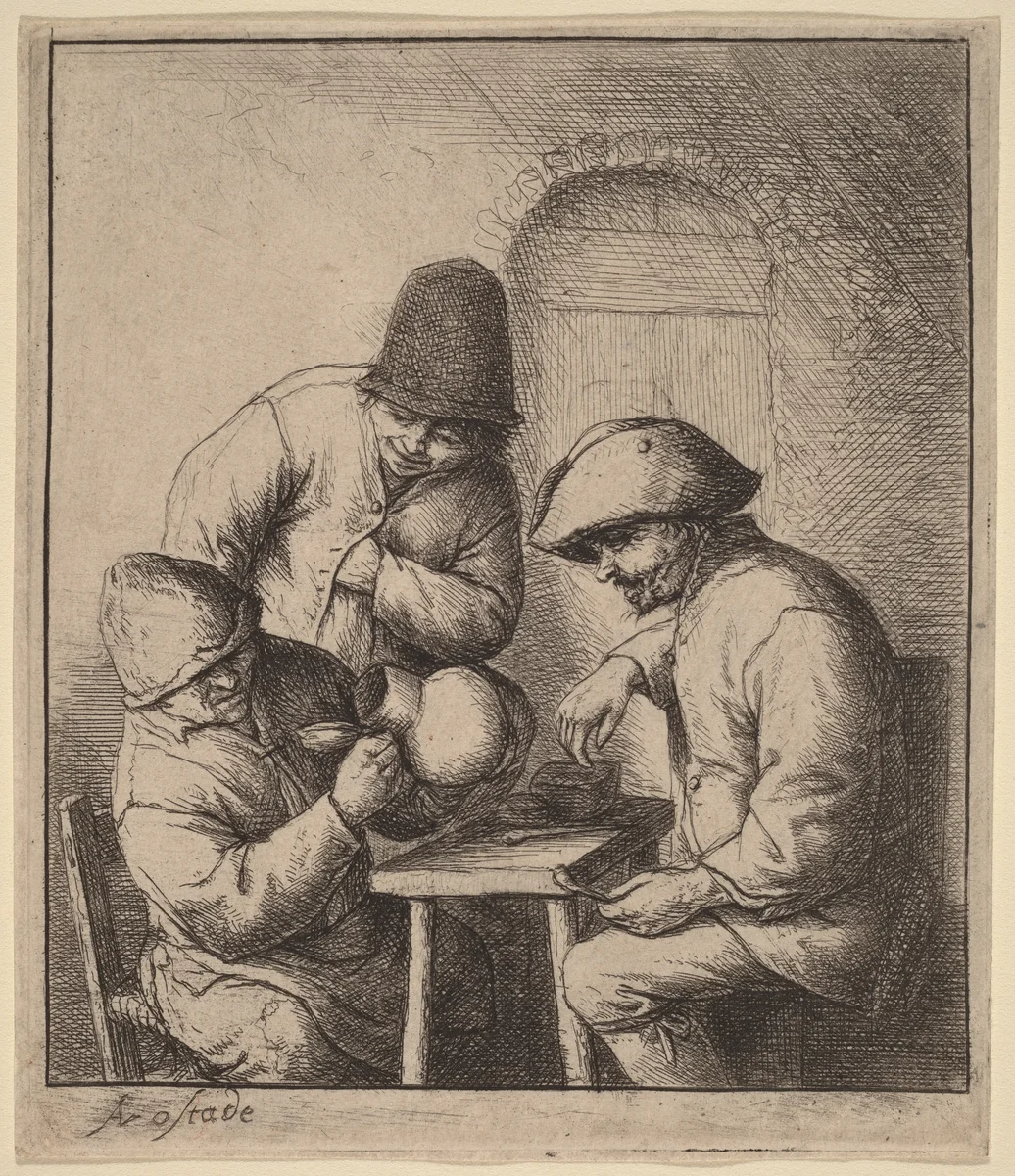 Three Peasants at an Inn, One Looking Down a Jug by Adriaen van Ostade, print, 1643-1653
