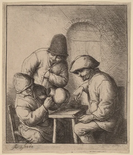 Three Peasants at an Inn, One Looking Down a Jug by Adriaen van Ostade, print, 1643-1653
