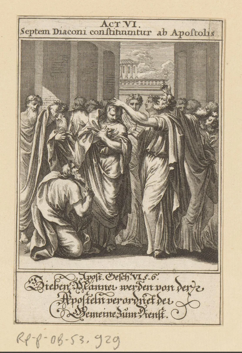 Zeven mannen worden door de apostelen in dienst gesteld by anonymous, print, 1697