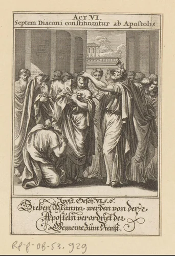 Zeven mannen worden door de apostelen in dienst gesteld by anonymous, print, 1697