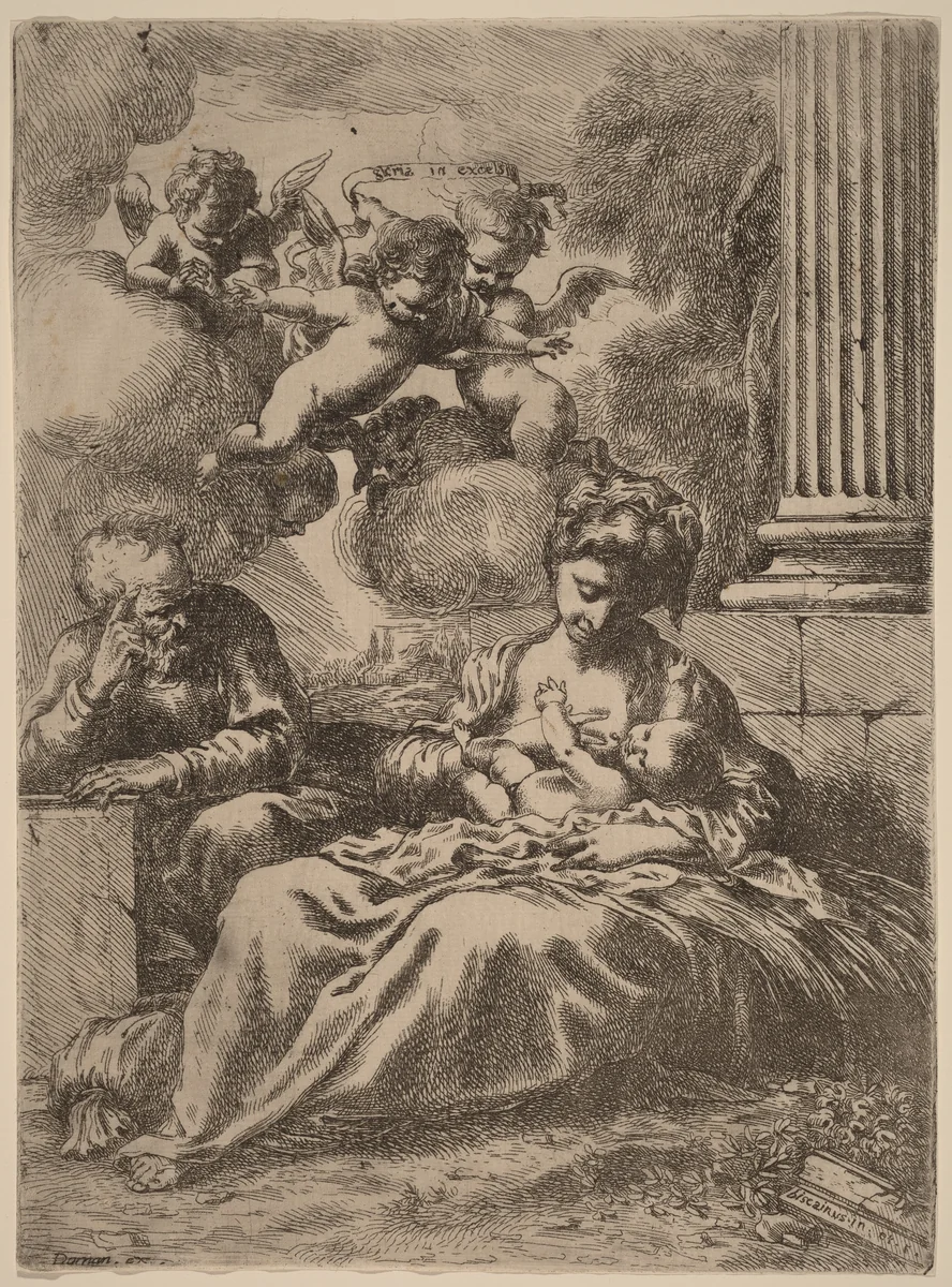 The Holy Family by a Column by Bartolomeo Biscaino, print, 1650-1660