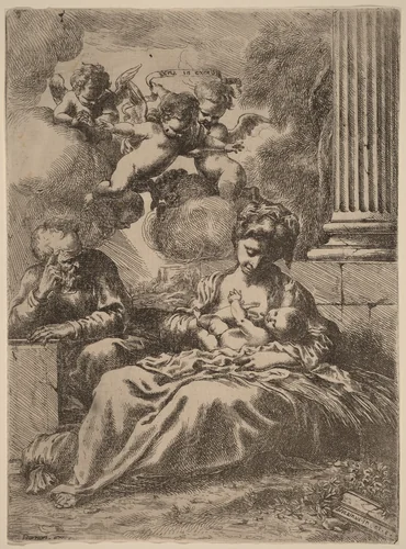 The Holy Family by a Column by Bartolomeo Biscaino, print, 1650-1660