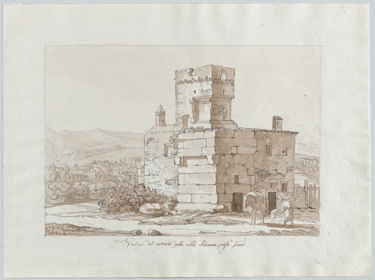 Remains of the Entrance of Hadrian’s Villa near Tivoli by Luigi Basiletti, drawing, 1815-1825