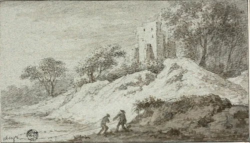 Landscape with Two Figures and Castle on Hill by Allart van Everdingen, drawing, 1641-1675