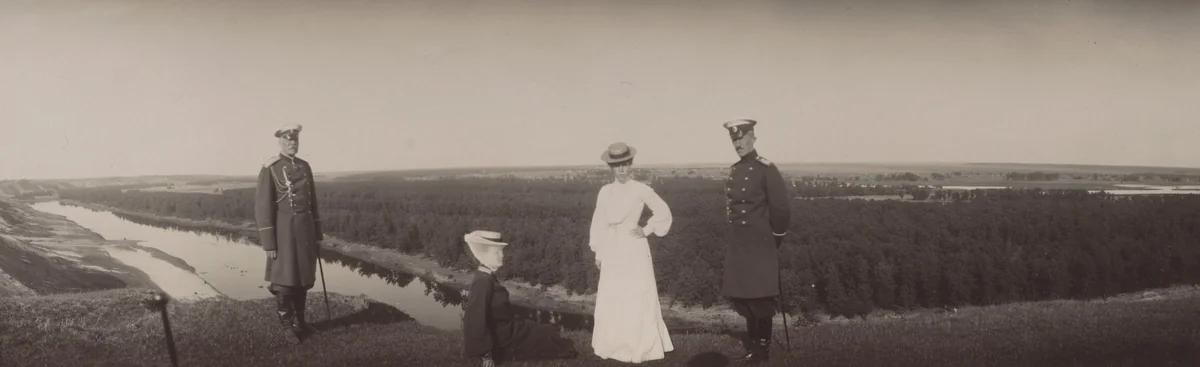 Duke of Oldenburg Alexander Petrovich (at left) and Grand Duchess Olga Alexandrovna (in white) at the Oldenburg Estate, Ramon by Unidentified Photographer, photograph, 1904
