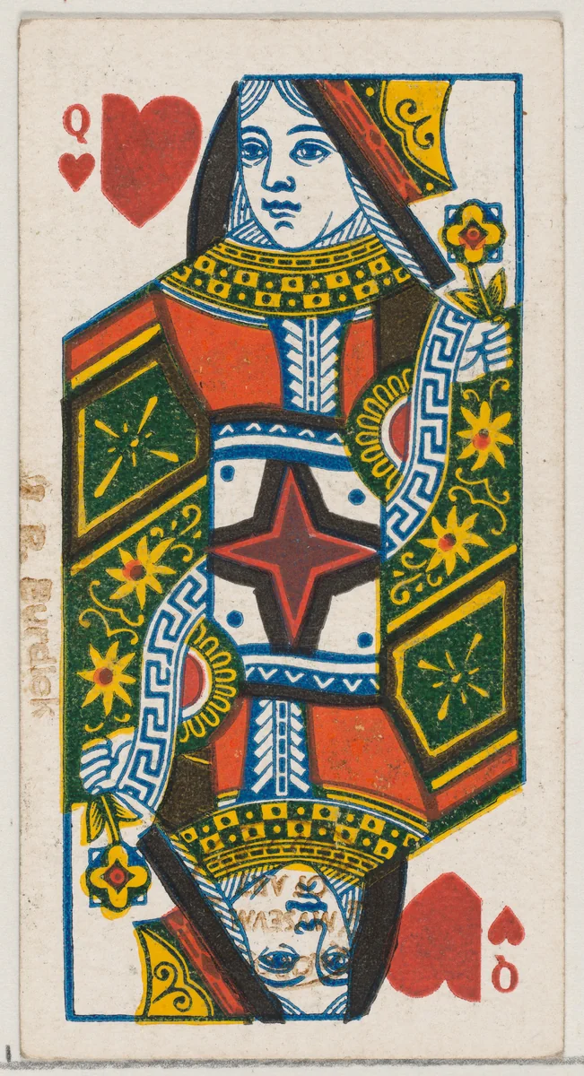 Queen of Hearts (red), from the Playing Cards series (N84) for Duke brand cigarettes by W. Duke, Sons & Co., print, 1888