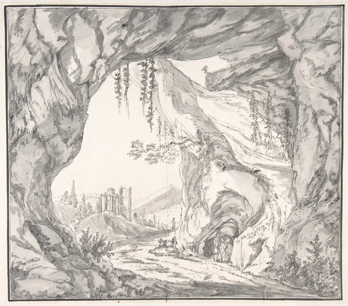 Mountainous Landscape with Ruins of a Castle and Three Men in a Cave, Seen through a Stone Gate by Johann Caspar Huber, drawing, 1752-1827