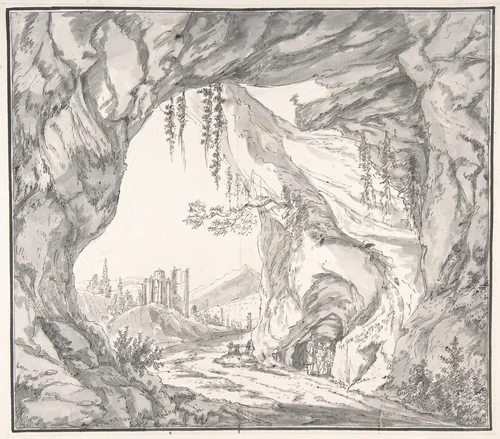 Mountainous Landscape with Ruins of a Castle and Three Men in a Cave, Seen through a Stone Gate by Johann Caspar Huber, drawing, 1752-1827