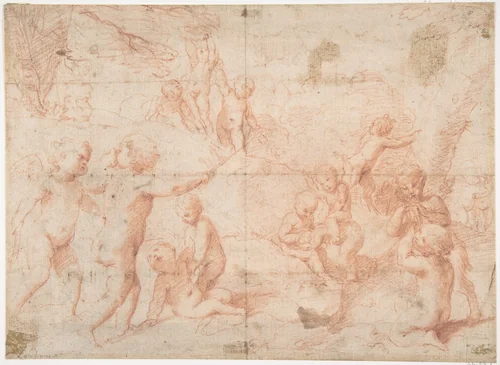 Putti and a Young Satyr at Play by Giovanni Lanfranco, drawing, 1582-1647