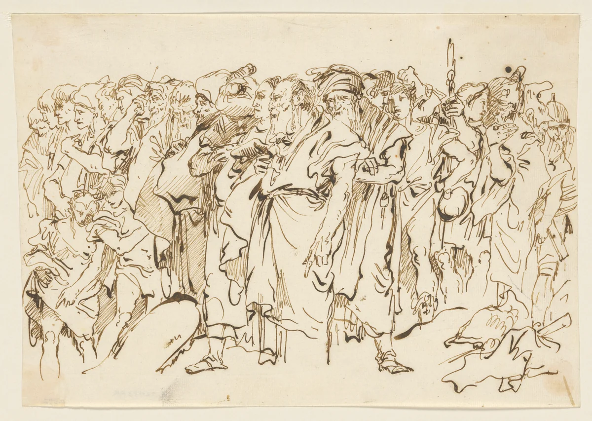 A Crowd of Ancient Warriors, Orientals, and Two Boys, Gathering for a Sacrifice by Giovanni Domenico Tiepolo, drawing, 1740-1746