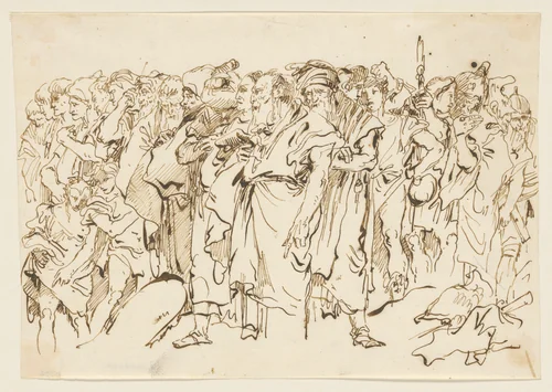 A Crowd of Ancient Warriors, Orientals, and Two Boys, Gathering for a Sacrifice by Giovanni Domenico Tiepolo, drawing, 1740-1746