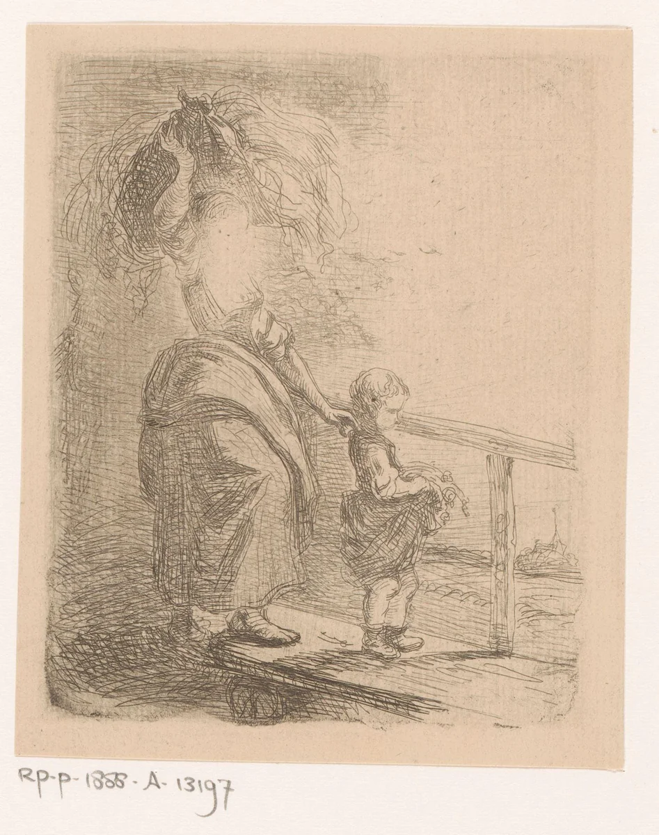 Vrouw draagt hooi op het hoofd en leidt een kind over een houten brug by Alexandre Louis Lion, print, 1833-1852