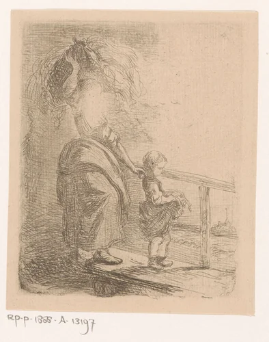 Vrouw draagt hooi op het hoofd en leidt een kind over een houten brug by Alexandre Louis Lion, print, 1833-1852