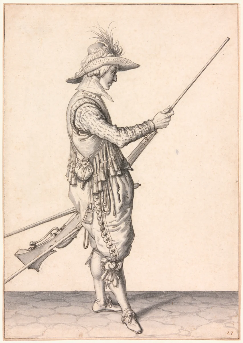 A Soldier Loading a Musket, "Ramme in Your Pouder" by Jacques de Gheyn II, drawing, 1596-1598