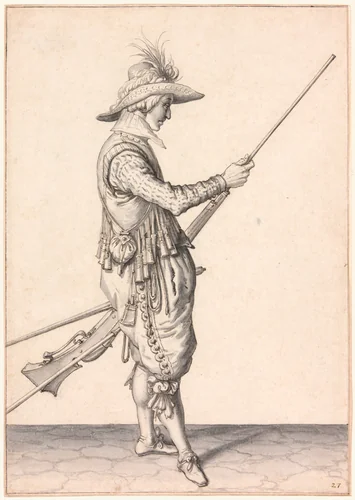 A Soldier Loading a Musket, "Ramme in Your Pouder" by Jacques de Gheyn II, drawing, 1596-1598