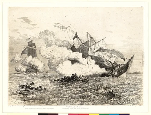 Combat Naval (L'Alabama coulant sous le feu de Kearsage) by Charles Longueville, print, 1864
