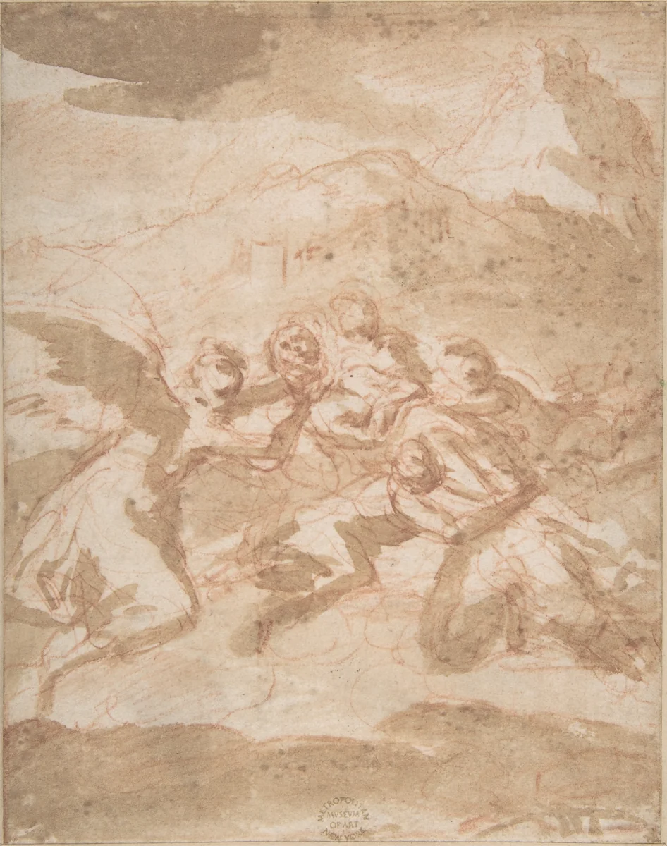 Angels Carrying a Saint by anonymous, drawing, 1600-1700