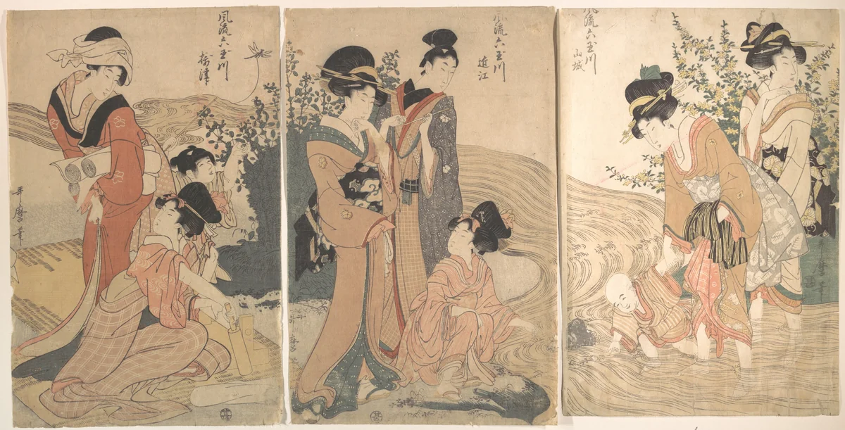 Women and Children on the Banks of a Stream by Kitagawa Utamaro (喜多川歌麿), print, 1754-1806