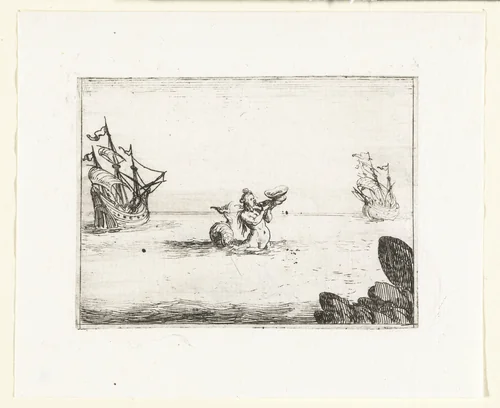 Sirene tussen twee schepen by Jacques Callot, print, 1621-1635