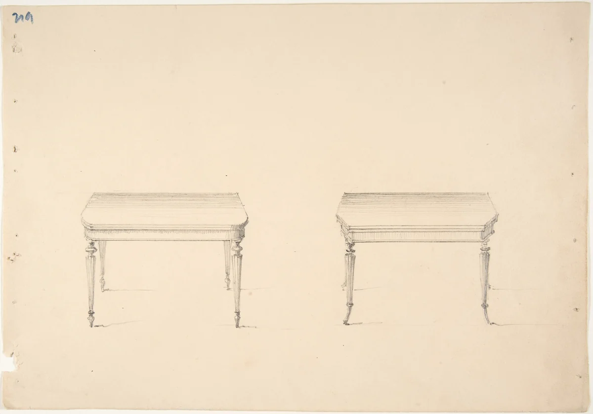 Design for Two Small Tables with Tapered Columnar Legs by anonymous, drawing, 1800-1850