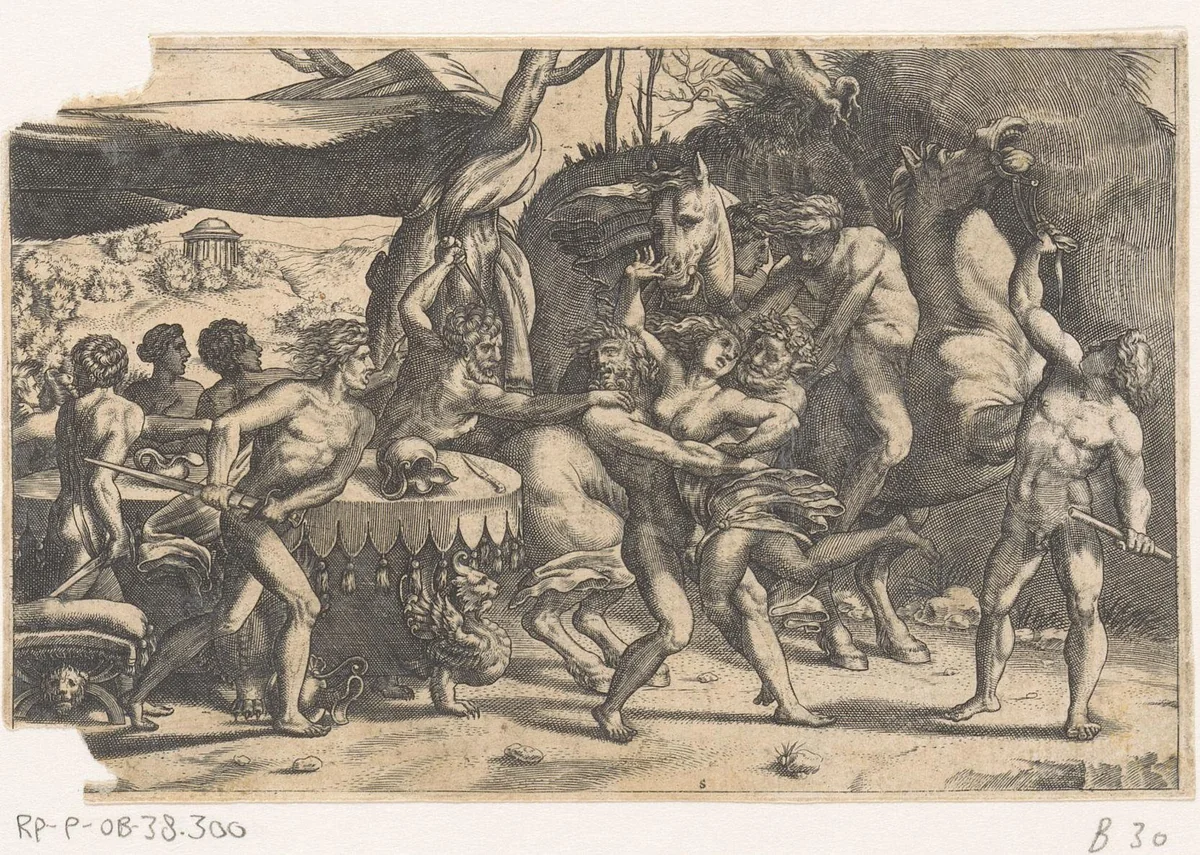 Vrouw ontvoerd door man en sater by Etienne Delaune, print, 1533-1583