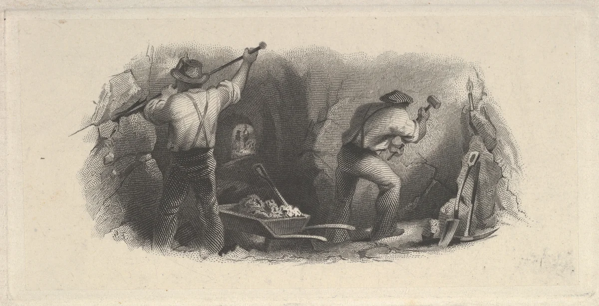 Banknote vignette showing two men working in a mine by Asher Brown Durand, print, 1819-1837