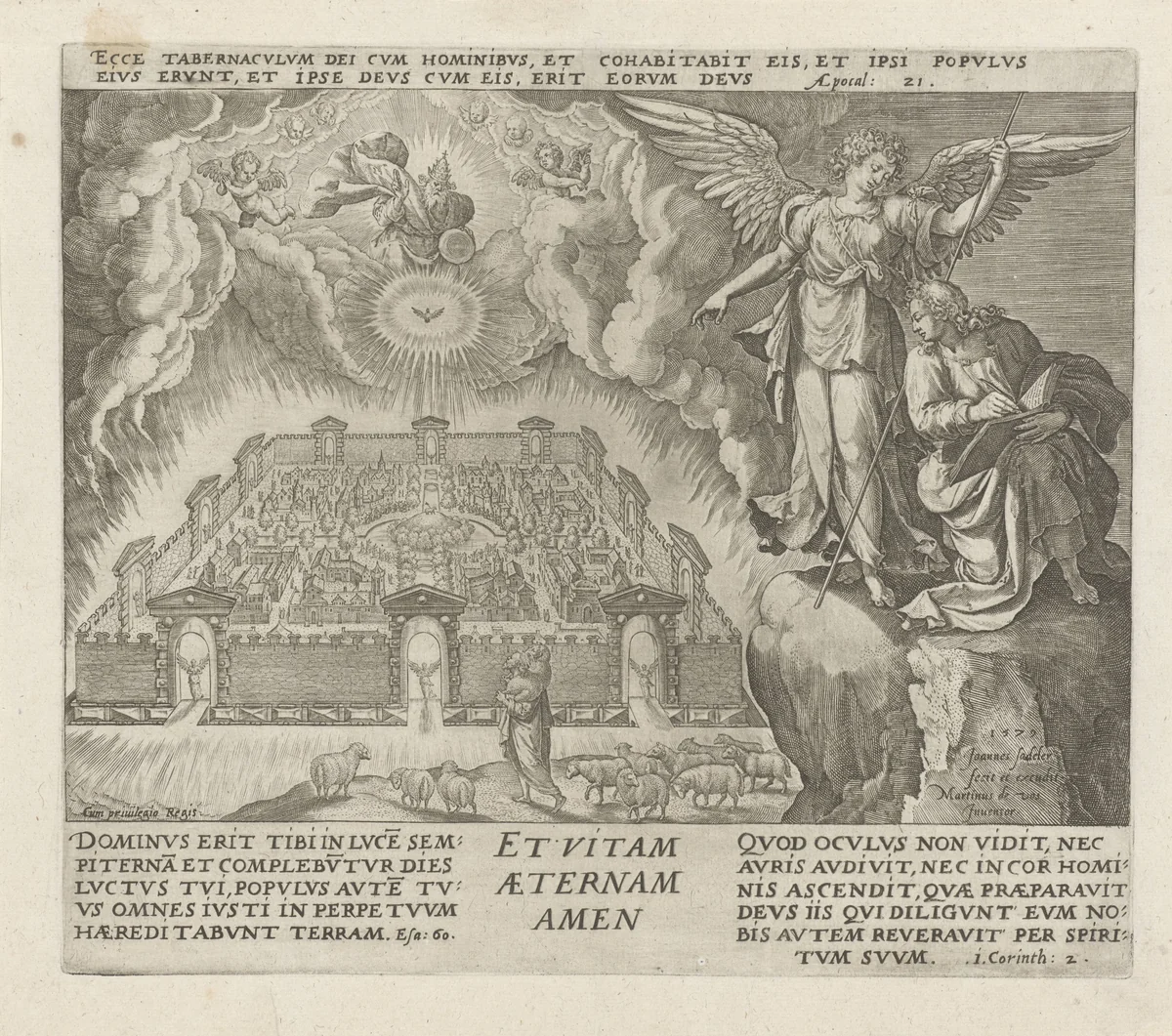 Johannes ziet het Nieuwe Jeruzalem: 'en het eeuwig leven, amen' by Unknown, print, 1579