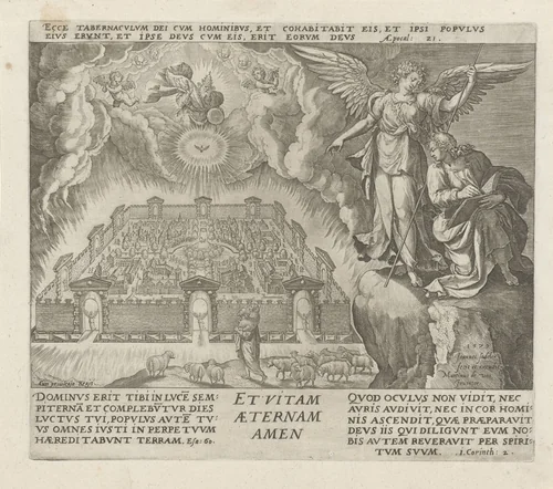 Johannes ziet het Nieuwe Jeruzalem: 'en het eeuwig leven, amen' by Unknown, print, 1579