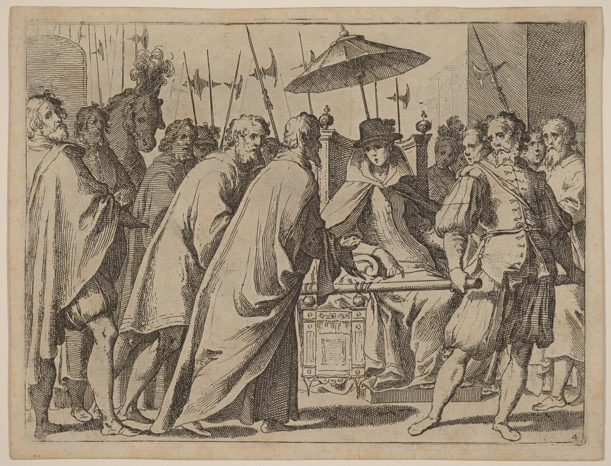 Margaret of Austria Being Carried in a Chaise by Raffaello Schiaminossi, print, 1612