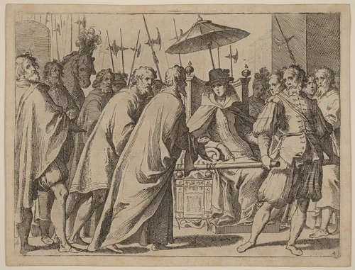 Margaret of Austria Being Carried in a Chaise by Raffaello Schiaminossi, print, 1612