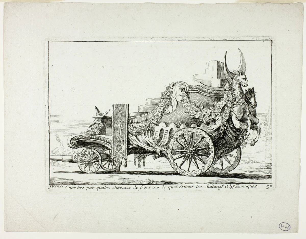 Char tiré par quatre chevaux de front, Sur lequel étaient les Sultanes et les Eunuques, plate 30 from Caravanne du Sultan à la Mecque by Joseph-Marie Vien, print, 1748