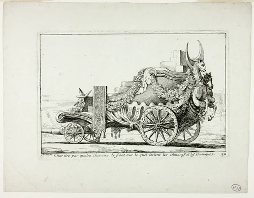 Char tiré par quatre chevaux de front, Sur lequel étaient les Sultanes et les Eunuques, plate 30 from Caravanne du Sultan à la Mecque by Joseph-Marie Vien, print, 1748