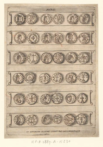 Voor- en achterzijde van achttien antieke en middeleeuwse gouden munten by anonymous, print, 1550-1650