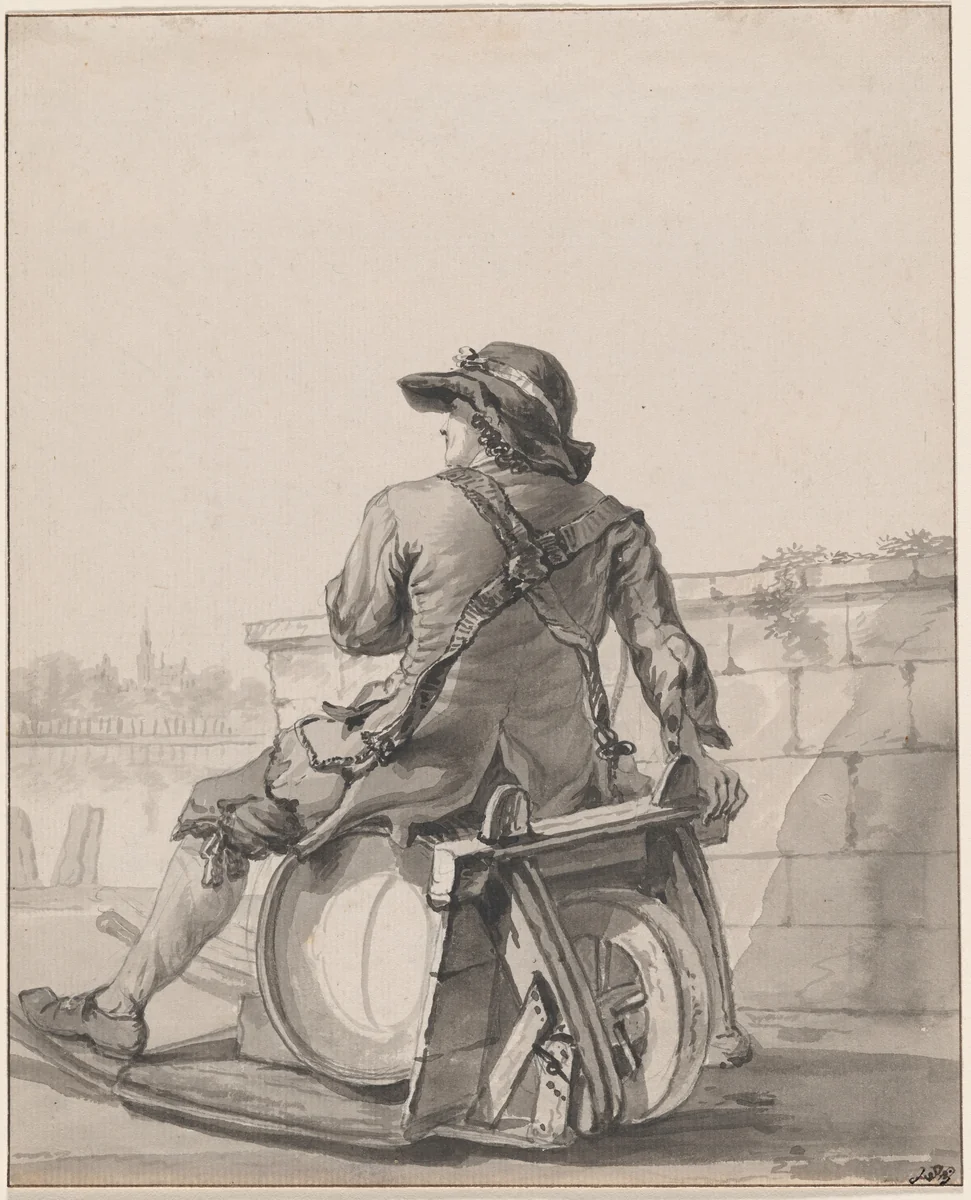 Man Sitting on a Cask on a Wheelbarrow by Jacob van Strij, drawing, 1782-1792