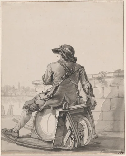Man Sitting on a Cask on a Wheelbarrow by Jacob van Strij, drawing, 1782-1792