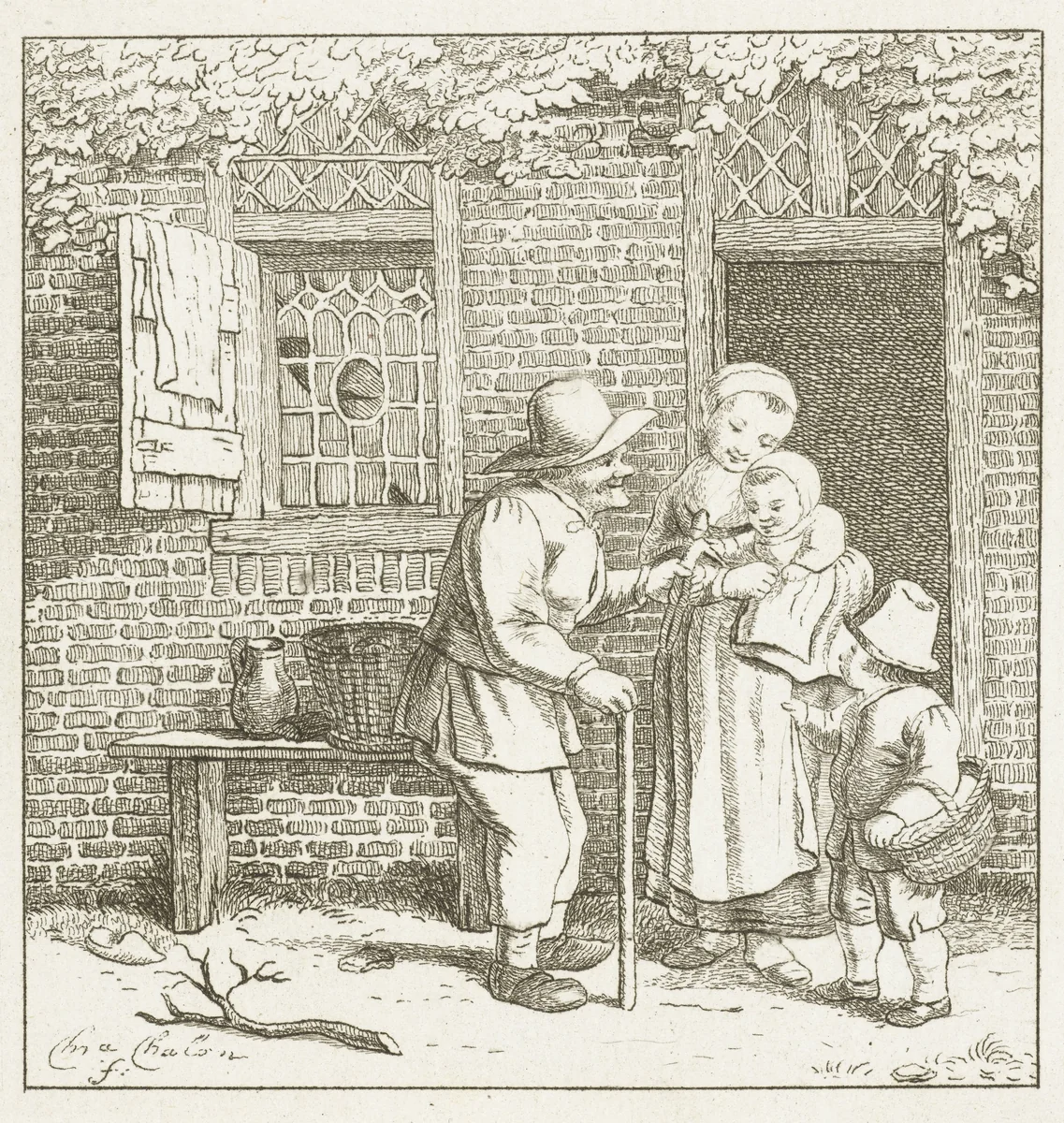 Oude man deelt speelgoed uit by Pieter de Mare, print, 1779-1796