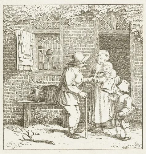 Oude man deelt speelgoed uit by Pieter de Mare, print, 1779-1796