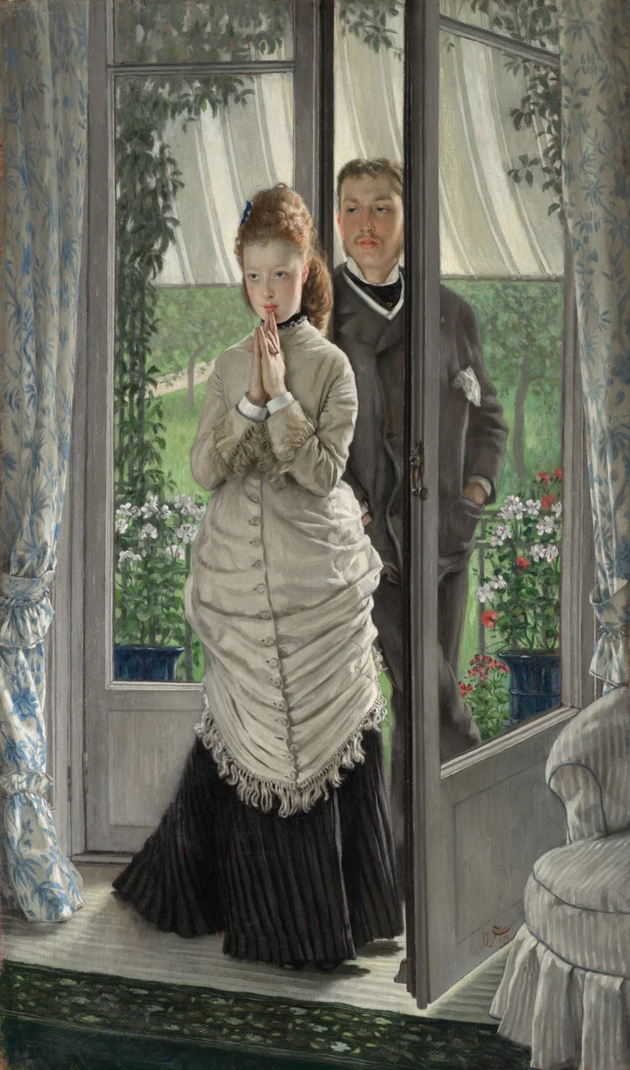 Two Figures at a Door (The Proposal?) by James Tissot, painting, 1872