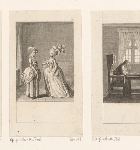 Raadsvrouw Blunt en Olympia Wintergrün in gesprek by Daniel Nikolaus Chodowiecki, print, 1784