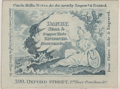 Trade Card for Danby, Printer and Engraver by anonymous, print, 1800-1900