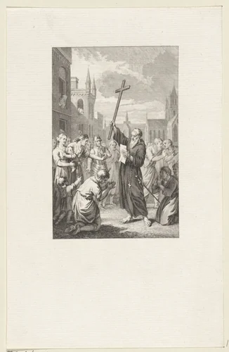 Petrus van Amiens met brief en crucifix temidden van een menigte by Reinier Vinkeles, print, 1782