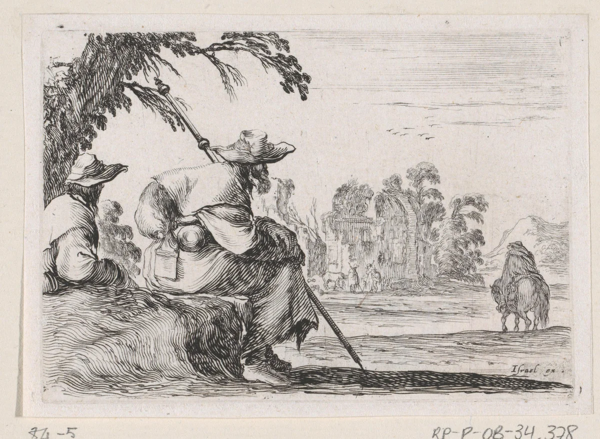 Rustende pelgrims bij een ruïne by Stefano della Bella, print, 1642