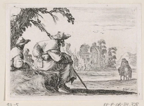 Rustende pelgrims bij een ruïne by Stefano della Bella, print, 1642