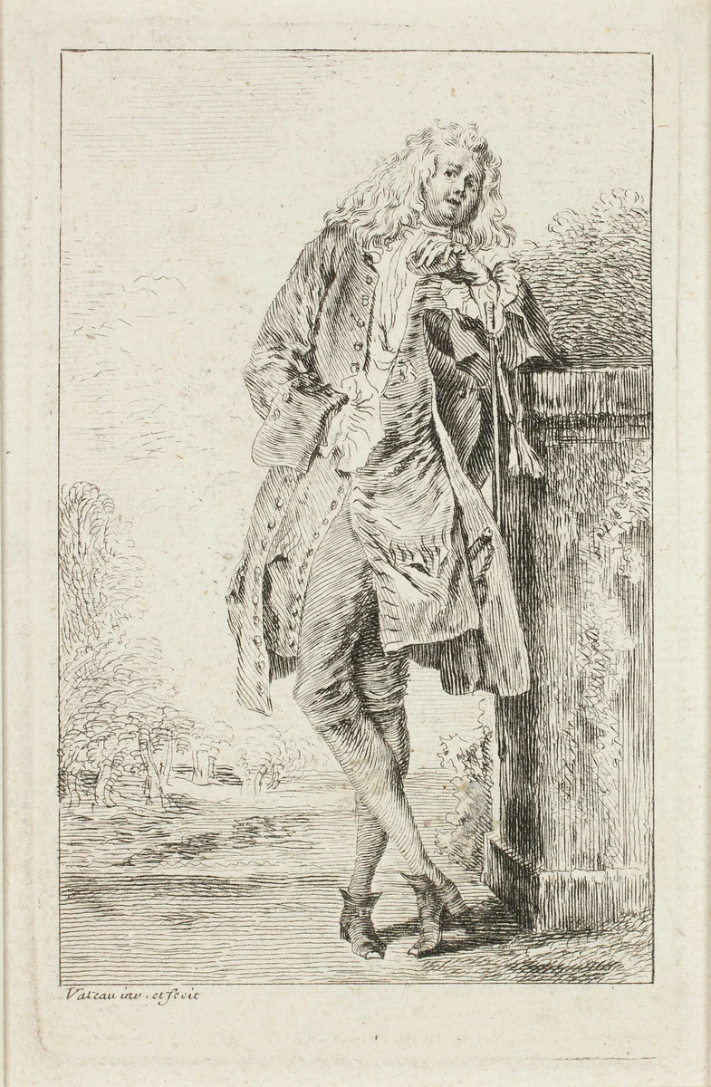 Standing Man Leaning against a Plinth, from Figures de modes by Jean-Antoine Watteau, print, 1705-1715