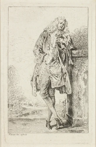 Standing Man Leaning against a Plinth, from Figures de modes by Jean-Antoine Watteau, print, 1705-1715