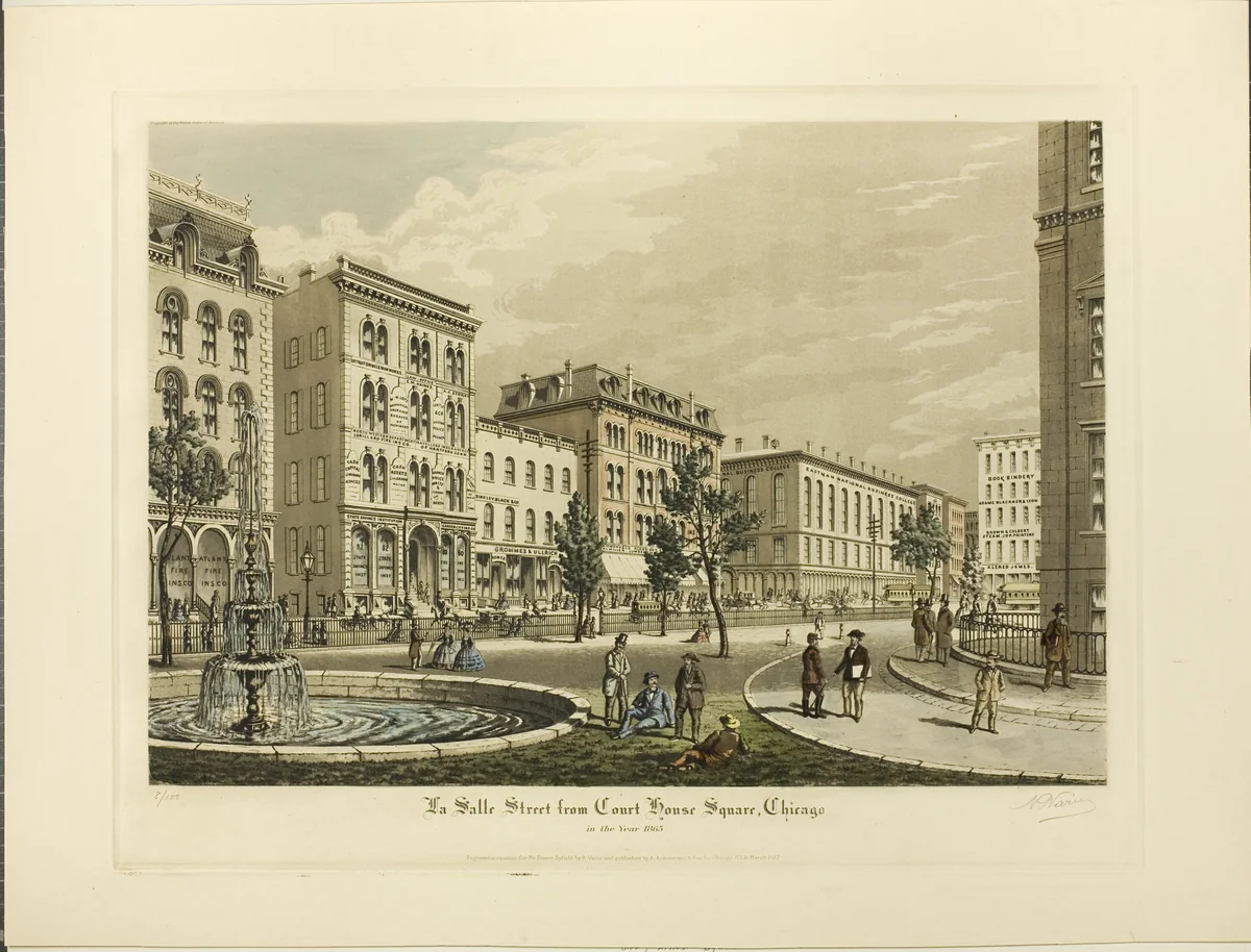 La Salle Street from Court House Square, Chicago, in the Year 1865 by Raoul Varin, print, 1927
